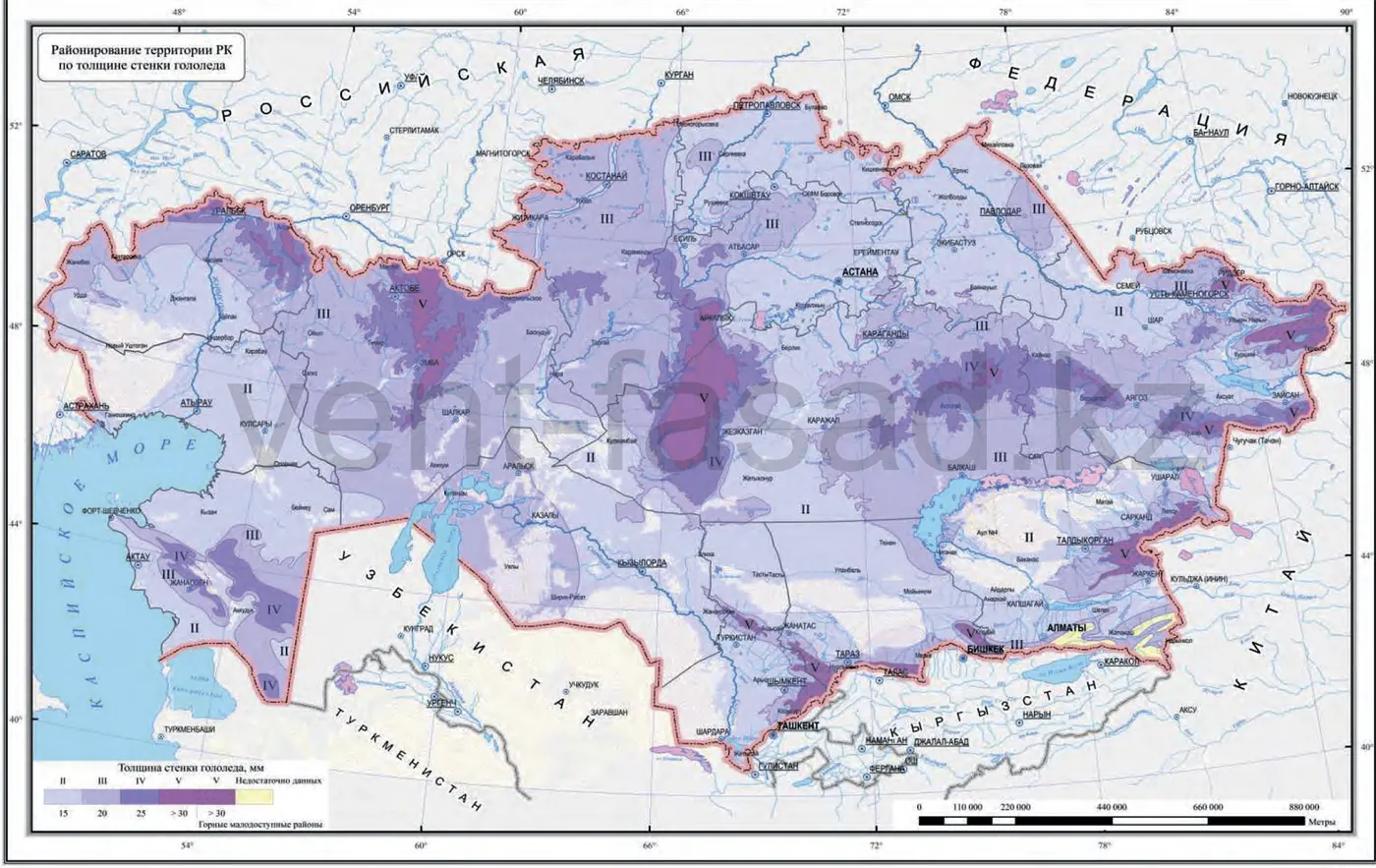 Карта гололёдных районов Казахстана по толщине стенки гололеда